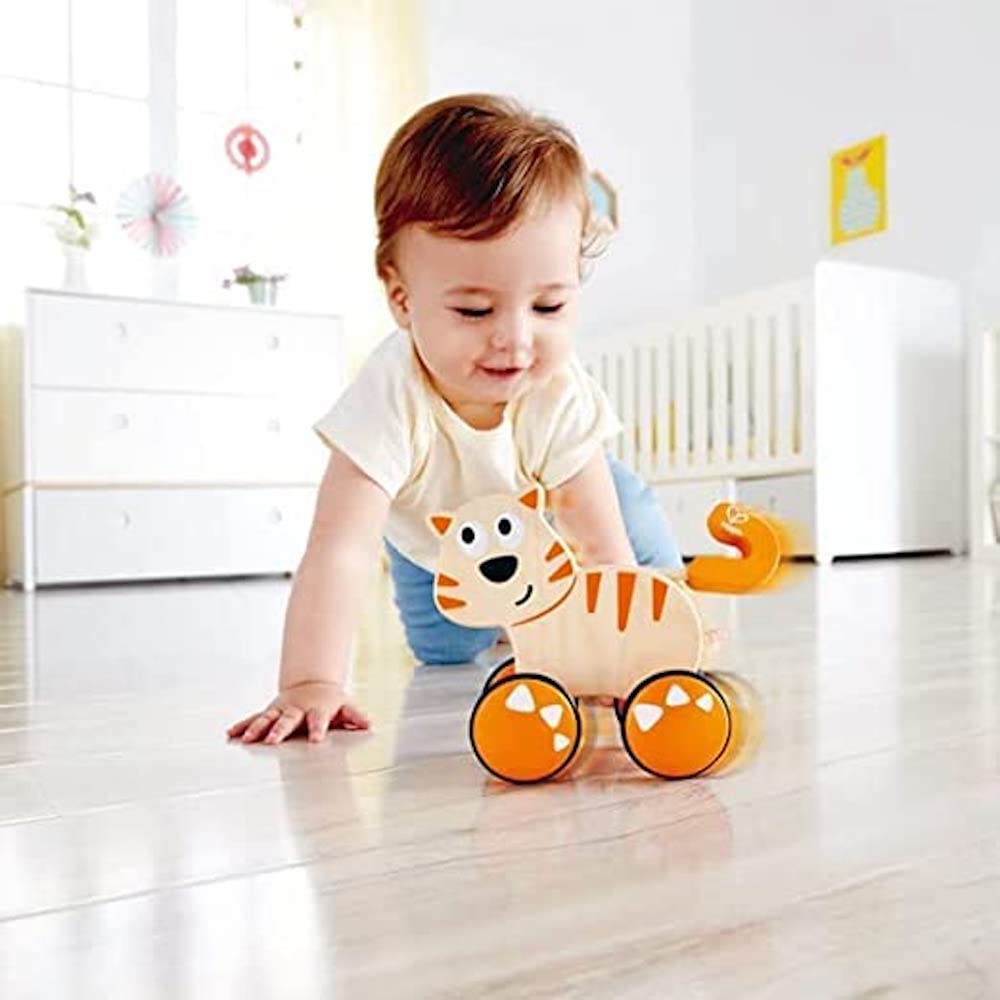 Hape Dante Push and Go |  Wooden Push, Release & Go Cat Toddler Toy with Wheels