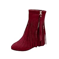 Classic Fringe Mid Women Boots Pull On Flat Winter Shoes Women's Tassel Bootie Fringe Hidden Wedge Heel Ankle Boots