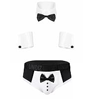 3Pcs Set Mens Waiter Cosplay Suit Sexy Tuxedo G-string Thong Underwear with Bow Tie Collar Bracelets