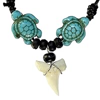Tribal Jewelry Shark Tooth Blue Turtle Beads Amulet Men's Pendant Necklace Adjustable Black Cord