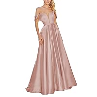 Ball Gown for Women Satin Dress Dusty Rose Prom Dresses Long Off Shoulder V-Neck A-Line