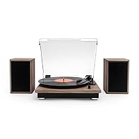 Victrola Montauk Vinyl Record Player, Farmhouse Walnut Finish, 3-Speed Belt Driven Turntable with Stereo Bluetooth Speaker Pair, RCA Output and 3.5mm Headphone Jack, Removable Dust Cover