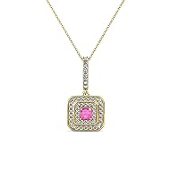 Princess Pink Sapphire & Natural Diamond Double Halo Pendant 0.36 ctw 14K Yellow Gold. Included 18 Inches Chain