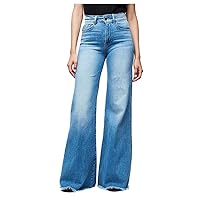 Womens Flare Jeans Cowboy Denim Pants Embroidered Floral High Waisted Slim Fit Bell Destoryed Button Pants