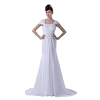 White Cap Sleeves Long Chiffon Sheath Prom Dress With Beaded Detail