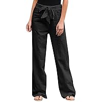Women's Casual Pants Drawstring Elastic Waist Straight Pants - Women's Loose Comfort Pants with Pockets