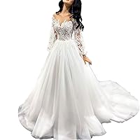 Elegant A line Wedding Dress Long Sleeve Lace Applique Bride Dress lace up with Long Train AL-SW240130