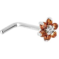 Solid 14k White Gold Orange and Clear Cubic Zirconia Flower LShaped Nose Stud Ring 18 Gauge