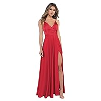 Women's Spaghetti Strap V Neck Bridesmaid Dresses Long Satin Formal Evening Gowns with Slit Pockets R004