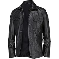 Boys' black, 4-button, slim-fitting, authentic sheepskin leather jacket with a retro motorcycle coat and motorcycle style.