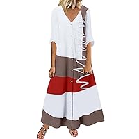 Women Casual Color Block Splicing Dress Short Sleeve Loose Party Long Women Blue Dresses for Special (White, XL)