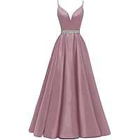 Spaghetti Straps Prom Dress Long Satin Beaded V-Neck Formal Evening Party Ball Gowns with Pockets