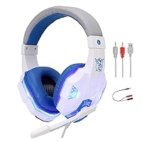 Deucalion USB Wired Gaming Headset Over Ear Headphones Earbud for PS4 PC Laptop Xbox One PS5 Controller Nintendo Switch, with LED Light, Passive Noise Cancelling, Mic (White) (Renewed)