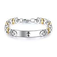 Stainless Steel Three Crossbeams Russian Orthodox Cross Symbol Engraved Gold Silver Tone Byzantine Bracelet, 3 Bars Crucifix Orthodox Christian Wristchain, Catholic Prayer Jewelry, 8.07''