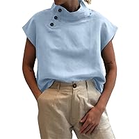 Celmia High Neck Tee for Women Buttoned Collar Summer Cotton Short Sleeve Blouse