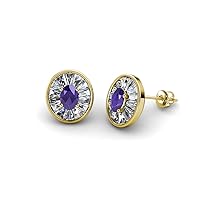 Oval Cut Iolite & Baguette Natural Diamond 1.18 ctw Women Milgrain Halo Stud Earrings 14K Gold
