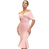Unique Women Evening Gown Dress Pink Sexy Off The Shoulder V-Neck Fishtail Party Dress