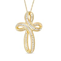 0.75 CT Baguette & Round Cut Diamond Ribbon Cross Pendant Necklace 14k Yellow Gold Over