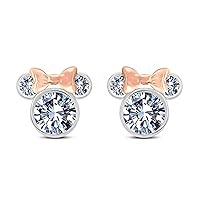 D/VVS1 Round White Diamond 2 Tone Mickey Minnie Mouse Stud Earrings for Womens Girls 925 Sterling Silver