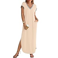 MEROKEETY Women's 2024 Summer Short Sleeve Maxi Dress V Neck Split Loose Casual Beach Long Dresses