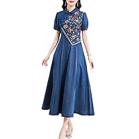 Summer Retro Embroidered Denim Dresses Women Short-Sleeved Long Sections of Large Hem A-line Long Dress