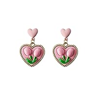 Earrings for Women Pink Heart Rose Earrings for Women Rose Earring Plated for Sensitive Ear Jewelry