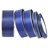 (25 Yards/roll) deep Blue Gold Edge Satin Ribbon Gift Christmas Ribbons (6/10/25/40mm) - 6mm Ribbon Set for Gift Package Wrapping, Crafting, Wedding Christmas Decor