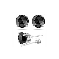 Round Rose Cut Black Diamond Stud Earrings AAA Quality in 18K White Gold Available in Small to Large Sizes