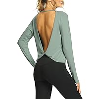 Mippo Womens Open Back Long Sleeve Workout Tops Athletic Gym Shirts with Thumb Hole