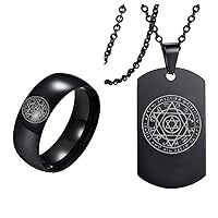 2 Pack Seal of Solomon Talisman Symbol Black Polished Ring Military Necklace Set, Pagan Talismanic King Solomon Band Protection Pendant Chain Stainless Steel Solomonic Amulet Jewelry for Men Women