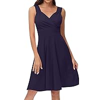 Sundresses A Line Dresses for Women 2024 Summer Sexy Wrap Fashion Casual Slim Fit with Sleeveless V Neck Tunic Dress Dark Blue XX-Large