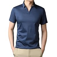 Men's Mercerized Cotton Polo Shirt Short Sleeve Turn Down Collar Solid Thin Casual Tops Navy XXXL
