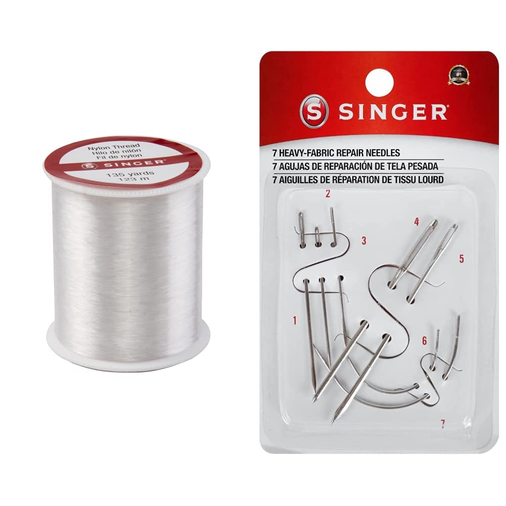 SINGER 00260 Clear Invisible Nylon Thread, 135-Yard & 01025 Heavy Duty Household Hand Needles, 1 Canvas, 1 Carpet, 1 Leather, 1 Sacks, 1 Sail, 2 Upholstery
