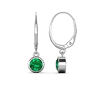 Emerald 7/8 ctw Bezel Set Solitaire Dangling Earrings 14K Gold