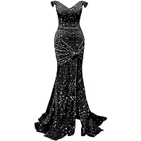 Off Shoulder Mermaid Prom Dresses 2024 Sequin Bodycon Dresses for Women 2024 with Slit