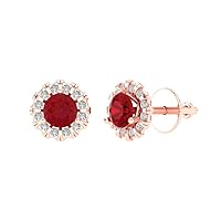 1.18 ct Brilliant Round Cut Halo Studs Simulated Ruby 14k Rose Gold Designer Earrings Screw back