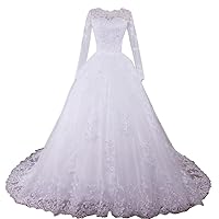 Princess Ball Gown Wedding Dress Long Sleeve O Neck Lace Beading Bride Dress Plus Size with Long Train BA-OB