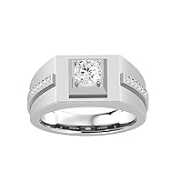 Certified 14K Gold Ring in Round Cut Moissanite Diamond (0.64 ct), Round Cut Natural Diamond (0.09 ct) with White/Yellow/Rose Gold Wedding Ring for Women