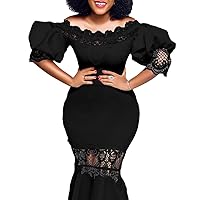 Women's Elegant Formal Evening Gown Sexy Off Shoulder Puff Short Sleeve Lace Patchwork Bodycon Maxi Mermaid Dresses