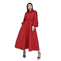 Woman Long Sleeves Lapel A-Line Dress Loose Mid-Length Solid Color Elastic Waist Printing Dress Spring Autumn