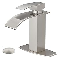 BESy Brushed Nickel Waterfall Spout Bathroom Faucet, Single Handle Bathroom Sink Faucet with Pop-up Drain, Rv Vanity Faucet with Deck Plate & Supply Hoses, Burshed Nickel, 1 or 3 Hole