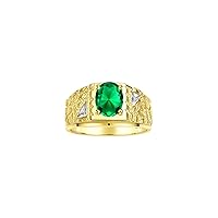 Mens Nugget Ring with Oval Shape Emerald Gemstone & Sparkling Diamonds in 14K Yellow Gold Plated Silver .925-9X7MM Color Stone Birthstone Rings