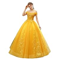 Women's Long Fluffy Quinceanera Dress Off Shoulder Wedding Gown Dresses Yellow