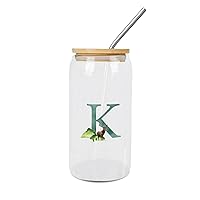 Glass Cups with Bamboo Lids And Straws Monogram Letter K Glass Cup Woodland Green Elk Letter Drinking Glasses Name Initial Cups Great For for Tea Whiskey Water 16 OZ