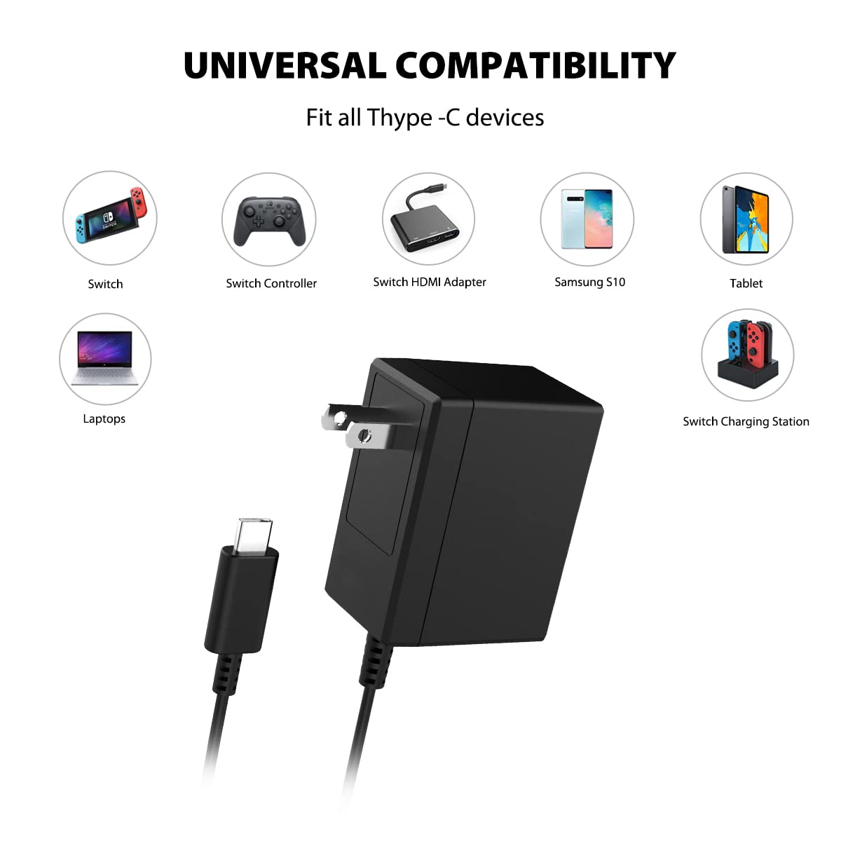 YCCTEAM 39W AC Adapter Fast Charger Works for Switch and Switch OLED,Samsung S10 Note 9, Pixel,Black