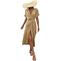 Summer Dresses for Women 2023 Plain Short Sleeve Wrap Knot Side Dress