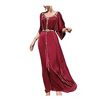 Women Wine Red Hand Stitch Diamond Beaded Moroccan Caftan Off Shoulder Sleeve Dubai Party Evening Dresses Belted