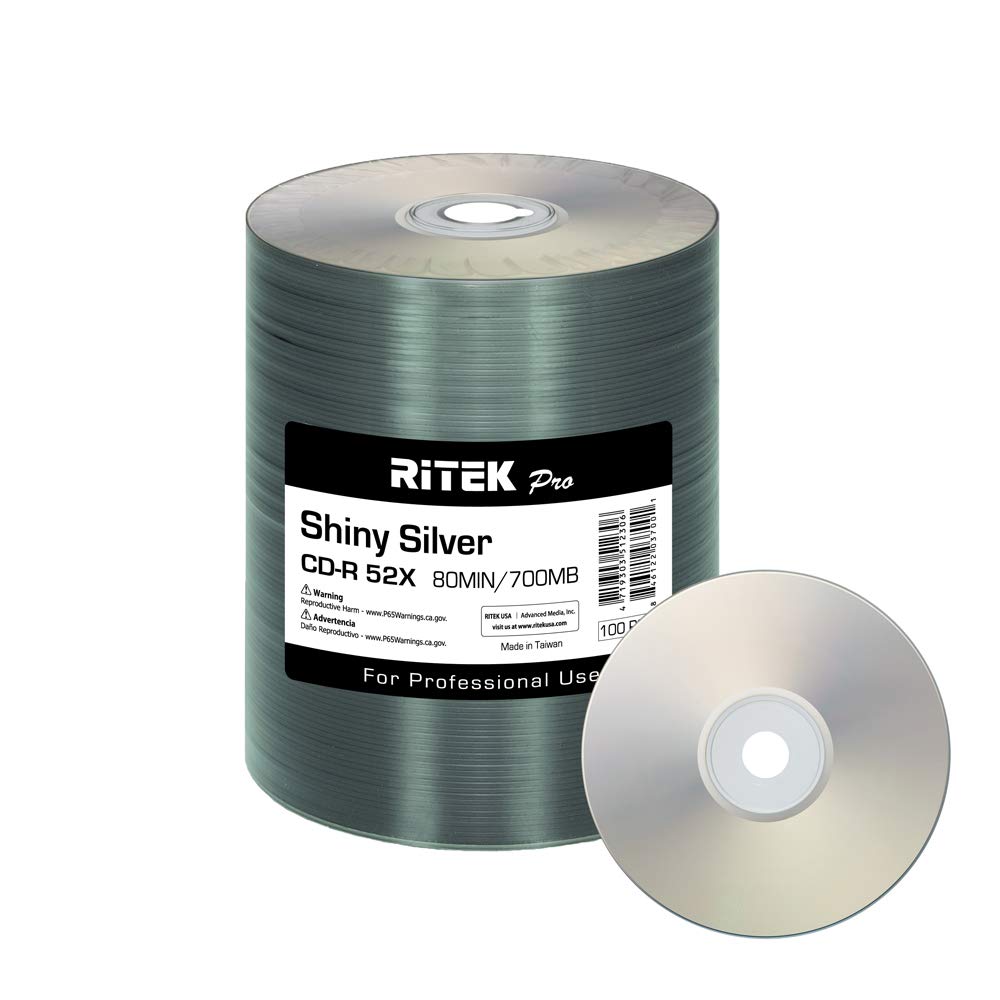 100 Pack Ritek Pro (Professional Grade) CD-R 52X 700MB Shiny Silver Lacquer Silk Screen Printable Blank Media Recordable Disc