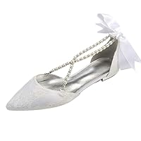Womens Lace Flats Pointed Toe Court Shoes Comfort Pearl Flats for Wedding Bride Party Dress Back Strap Lace Up