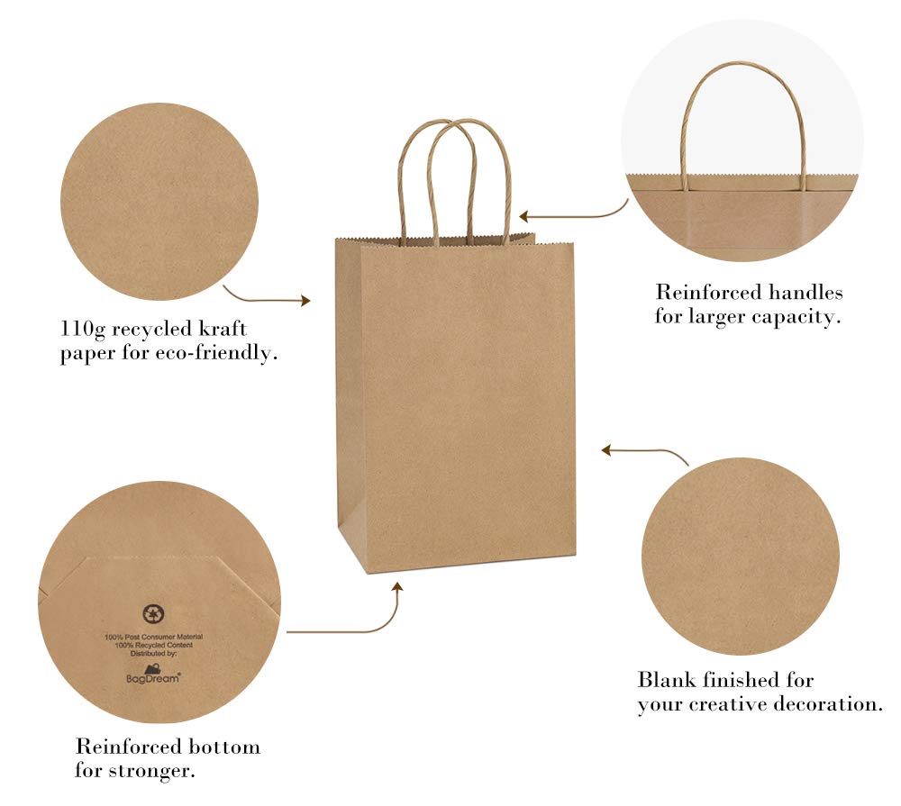 BagDream Kraft Paper Bags 100Pcs 5.25x3.75x8 Inches Small Paper Gift Bags with Handles Bulk, Paper Shopping Bags, Kraft Bags, Party Bags, Gift Bags (Brown)